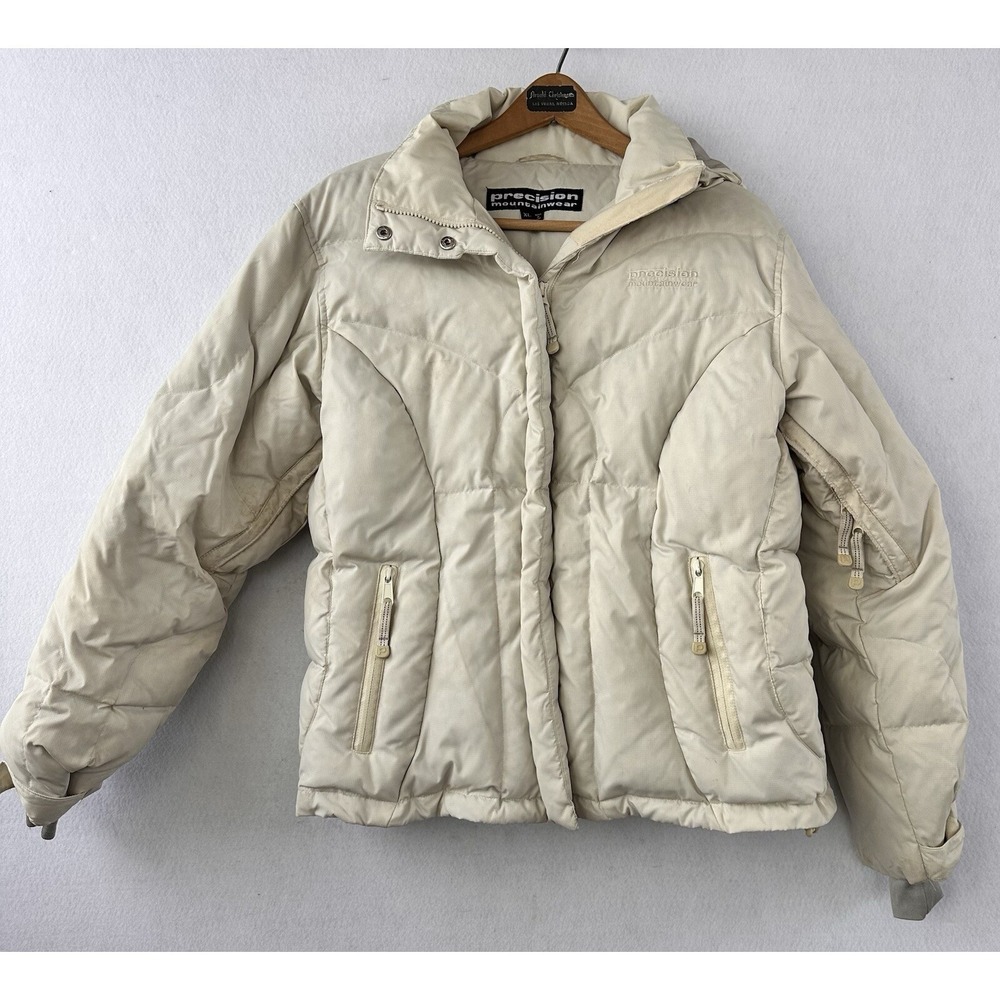 Precision Mountainwear Down Puffer Jacket Tactical Ivory Hooded Sz XL Women's
